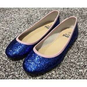 Mini Boden Shoes Girls Size 6.5 Blue Glitter Ballet‎ Flats Pink Trim Party